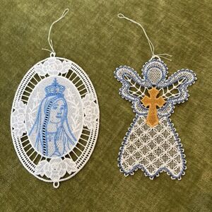 VTG Machine Embroidery Lace Window Hanging Ornaments (2)Virgin Mary Angel Cross
